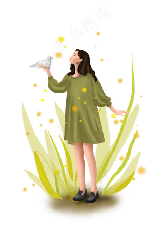 立秋秋天草丛里的女孩和鸽子,免抠元素