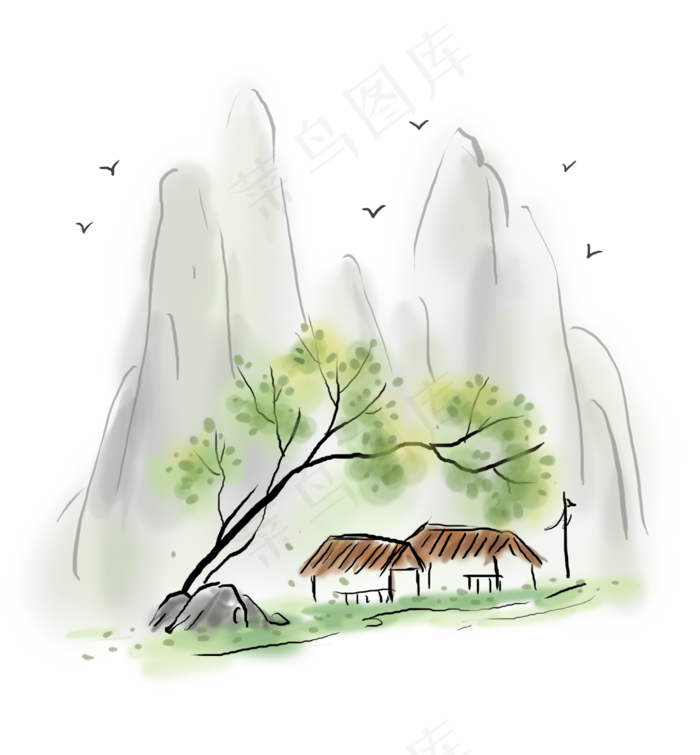 中国风水墨古风毛草屋,免抠元素