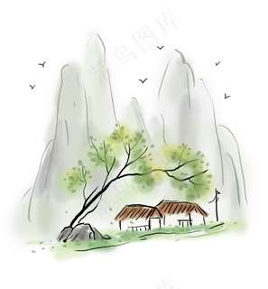 中国风水墨古风毛草屋,免抠元素