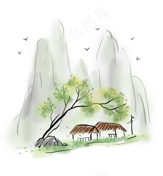 中国风水墨古风毛草屋,免抠元素