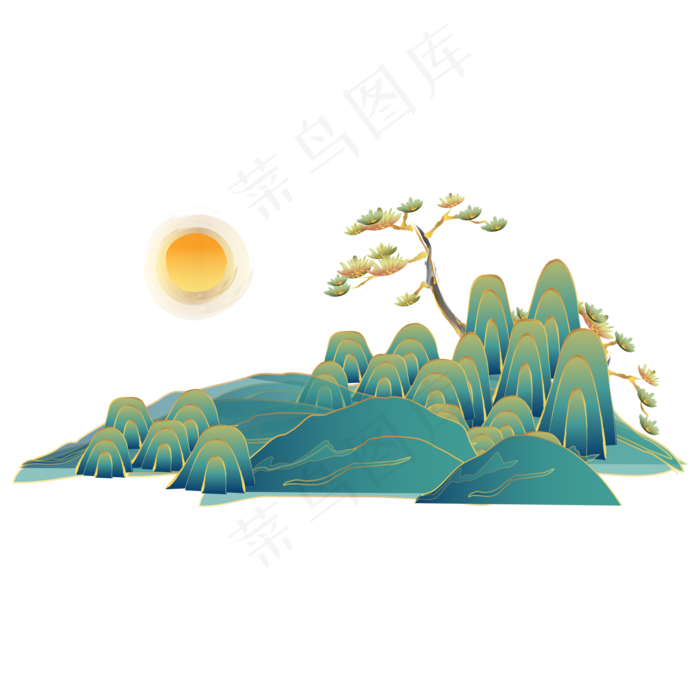 中国风国潮金线山水,免抠元素