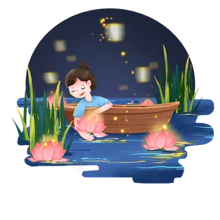中元节乘船水中放荷花灯的女孩,免抠元素