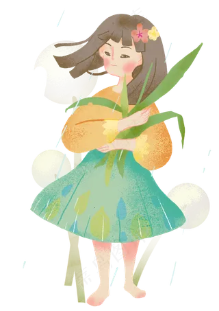 谷雨拿着叶子的女孩