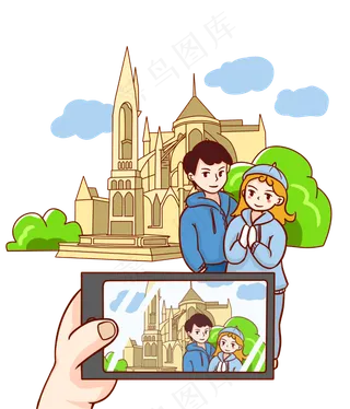 景点旅游打卡教堂自拍卡通人物插,免抠元素