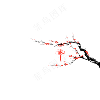 桃花和中国结水墨画,免抠元素
