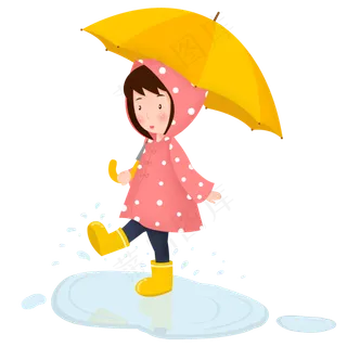 手绘雨水节气春雨女孩打伞踩水,免抠元素
