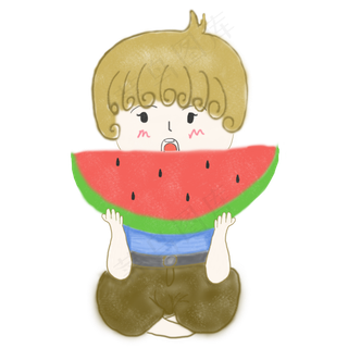 夏天二十四节气大暑吃西瓜小男孩