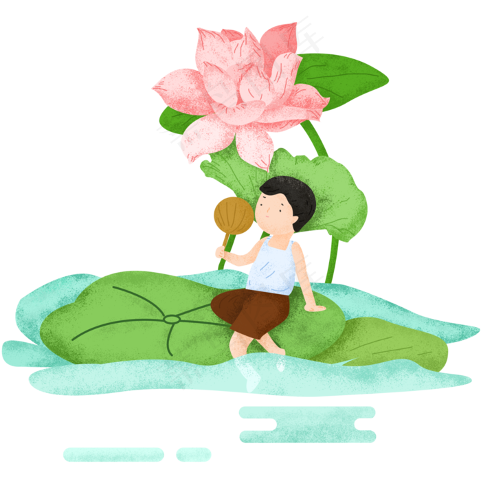 大暑在荷叶下乘凉的小孩