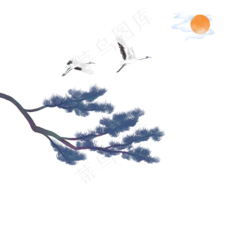 卡通手绘中国风松树仙鹤,免抠元素