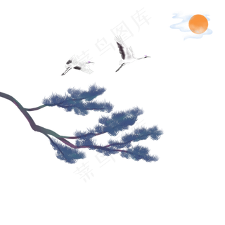 卡通手绘中国风松树仙鹤,免抠元素