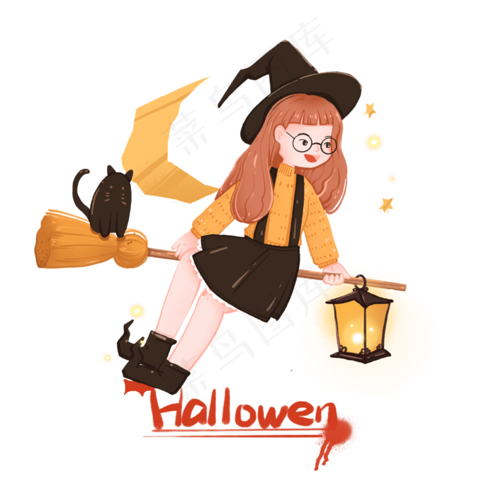 万圣节骑扫把飞行的可爱女巫,免抠元素
