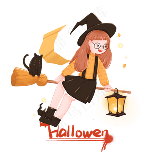 万圣节骑扫把飞行的可爱女巫,免抠元素