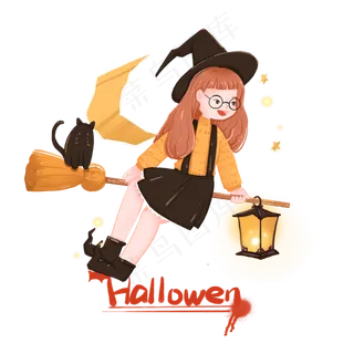 万圣节骑扫把飞行的可爱女巫,免抠元素