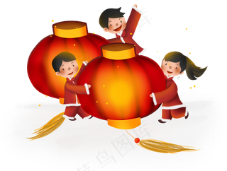 2019年春节新年红灯笼和儿童,免抠元素