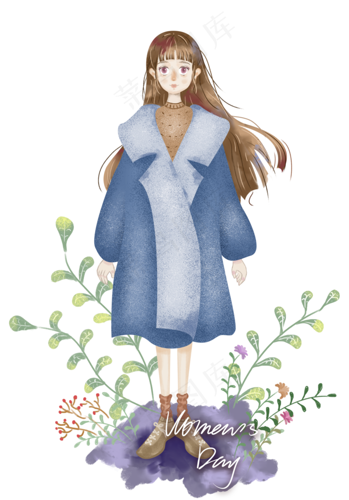 女神节手绘卡通女孩,免抠元素(3000X4300(DPI:300))psd模版下载