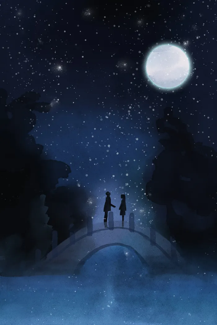 唯美星空下的情侣站在桥上相会(3545*5315px 300 dpi )psd模版下载
