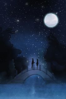 唯美星空下的情侣站在桥上相会