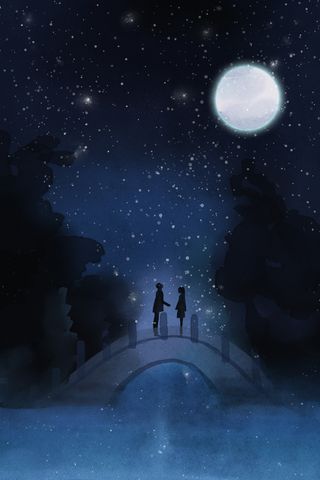 唯美星空下的情侣站在桥上相会