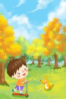 儿童节绿肌理人物男孩与狗蓝天白云