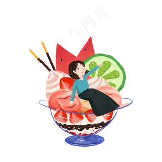 女孩坐在冰淇淋里免抠图