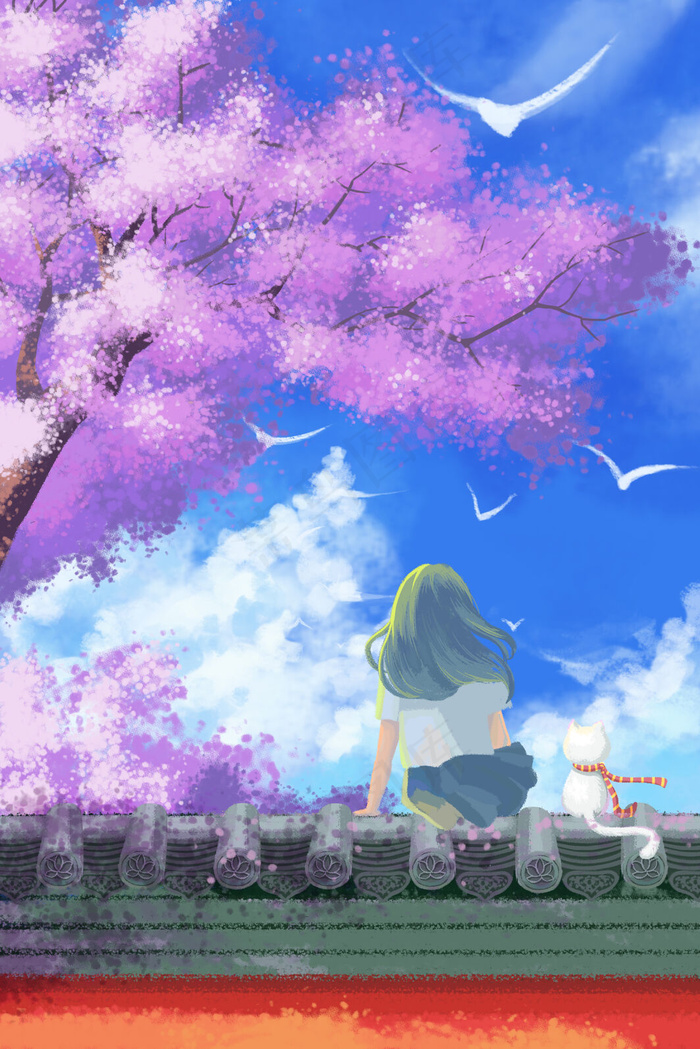 樱花节蓝色唯美卡通夏日立夏炎热夏季风
