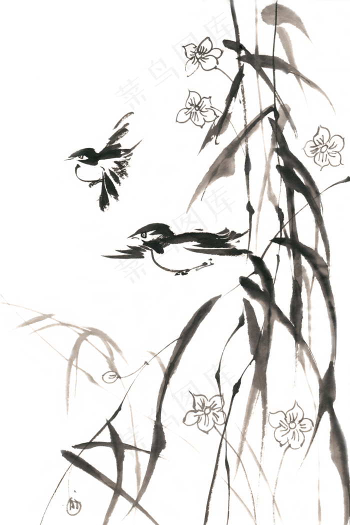 双飞的鸟水墨画PNG免抠素材