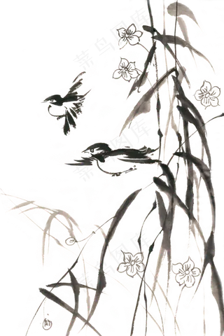 双飞的鸟水墨画PNG免抠素材