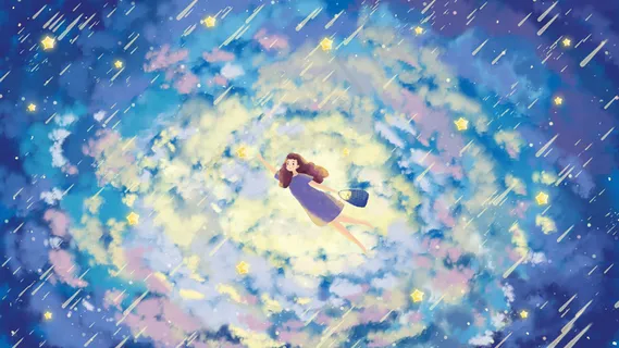 女孩在星空中摘星星治愈系