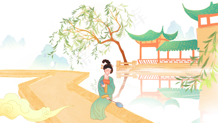 春天古装女子河边