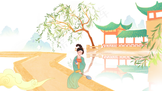 春天古装女子河边