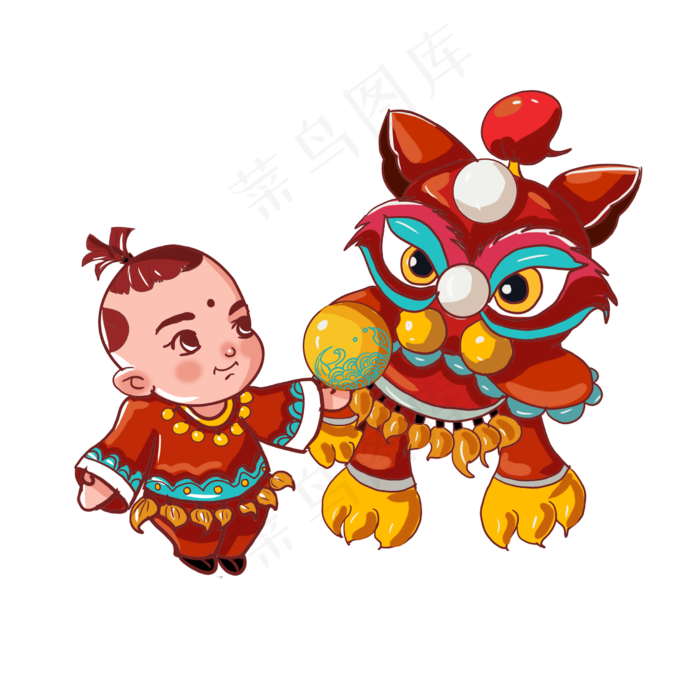 新年喜庆舞狮子小年,免抠元素(2480X2480(DPI:300))psd模版下载