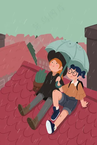 下雨屋顶坐两女孩