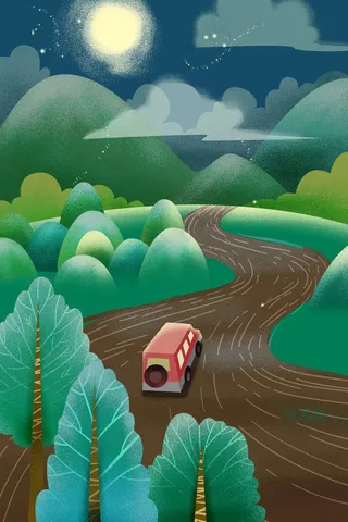 绿色系卡通手绘风夏景旅游配图