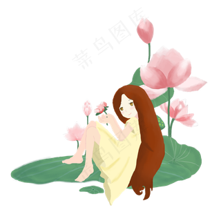 坐在荷叶上看荷花的美女