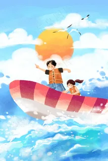 蓝色系卡通手绘风夏景小暑海上游玩配图 蓝色系卡通手绘风夏景小暑海上游玩配图