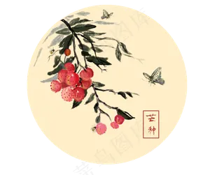 24节气芒种荔枝水墨画蝴蝶