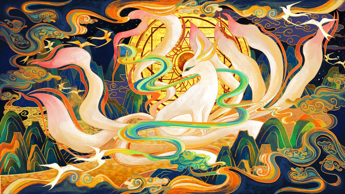 国潮风山海经九尾狐