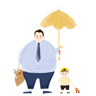 父亲节蓝色系父子买菜打伞手绘