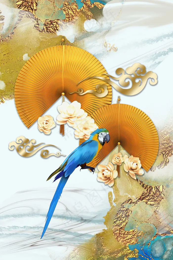 新中式鹦鹉 花鸟金色复古装饰画(800*3584px 150 dpi )psd模版下载