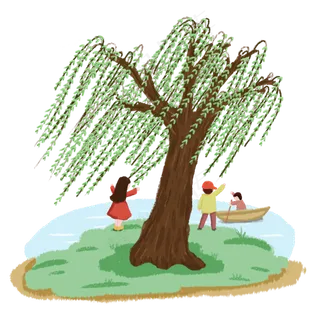 春天柳树旁边游玩PNG免抠图