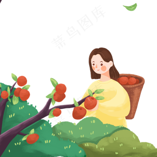卡通小女孩在采摘果实