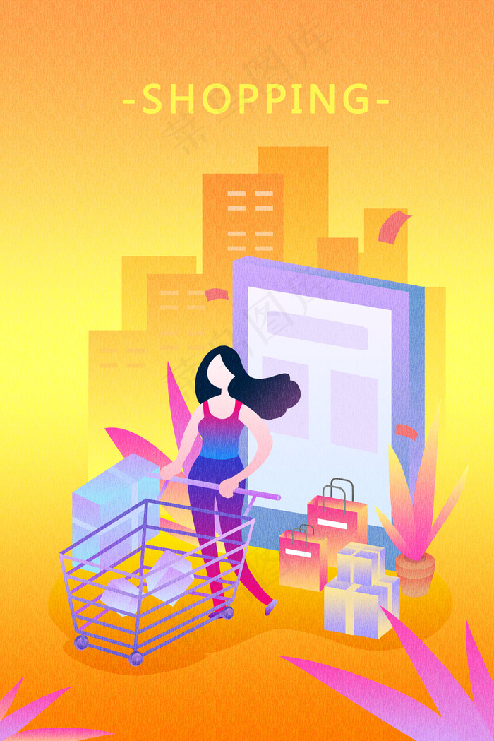 2.5D扁平风女孩购物