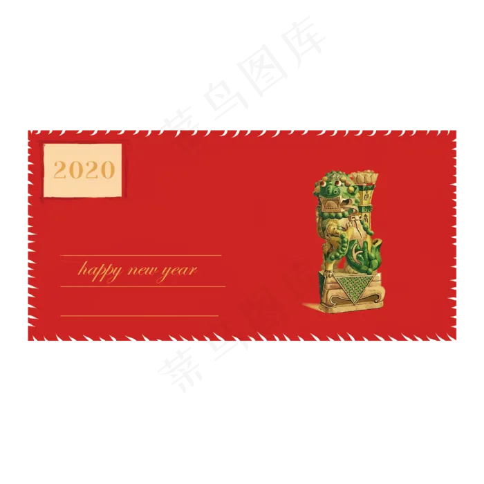 2020新年中国红石狮古董明信片,免抠元素(3000X3000(DPI:300))psd模版下载