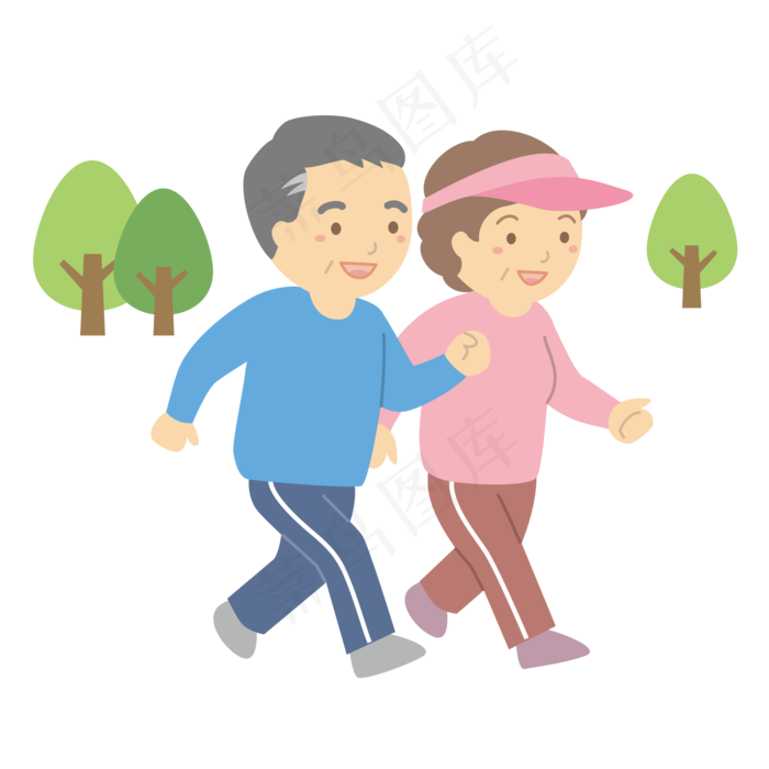 通用节日彩色卡通手绘老年人晨跑,免抠元素