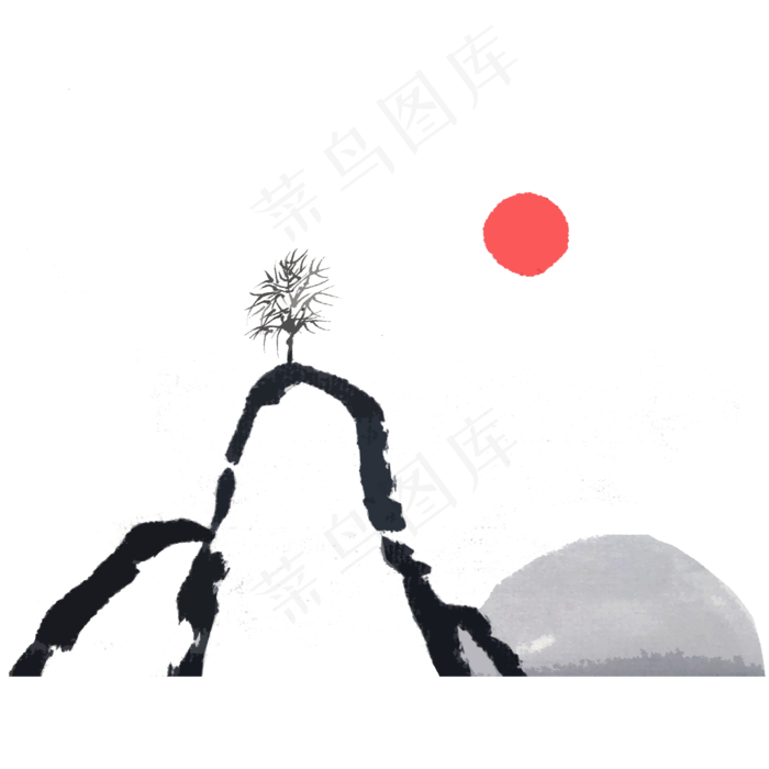水墨山水红日简约线条国画PNG