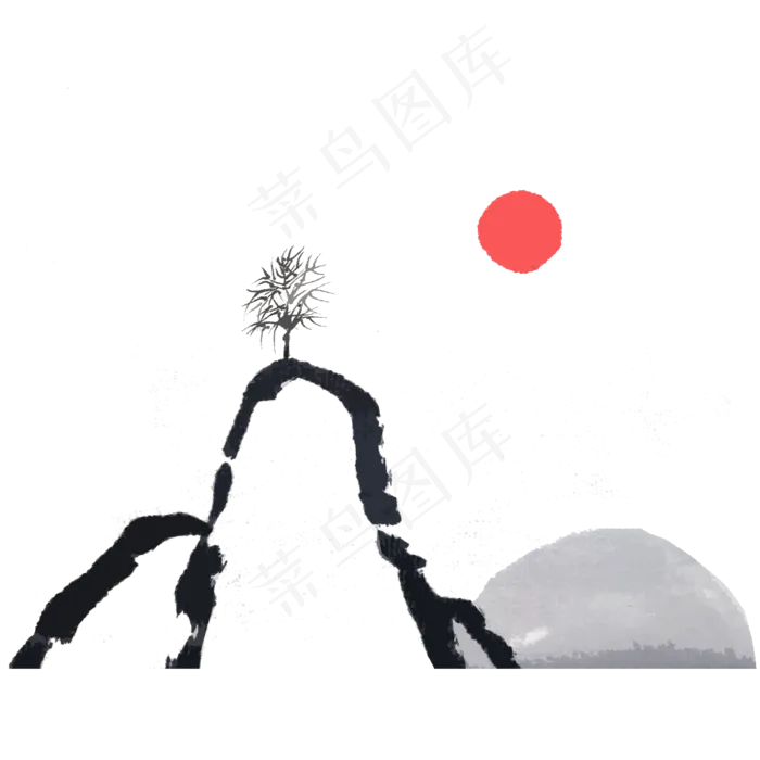 水墨山水红日简约线条国画PNG(3000X3000(DPI:300))psd模版下载