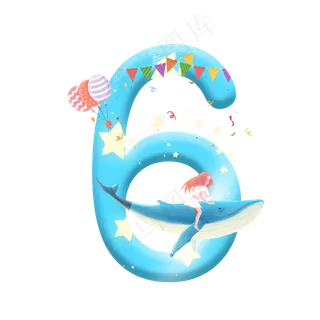 卡通女孩与鲸鱼儿童节倒计时数字6