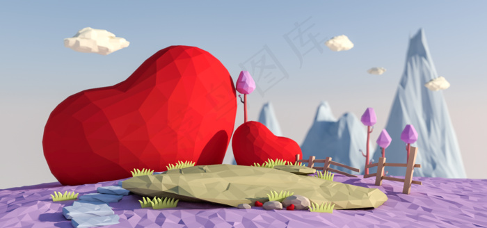 C4D情人节低多边形场景背景图片素材