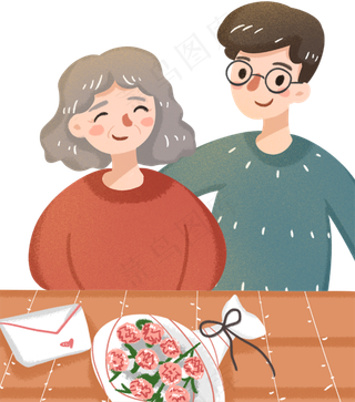 手绘卡通母亲节桌子前的母子免扣