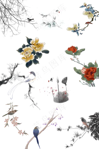 中国风水墨彩色国画手绘工笔装饰,免抠元素